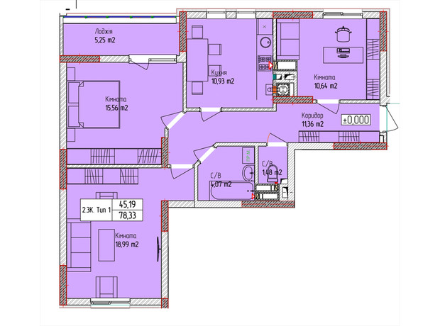 ЖК Пионерский квартал: планировка 3-комнатной квартиры 78.33 м²