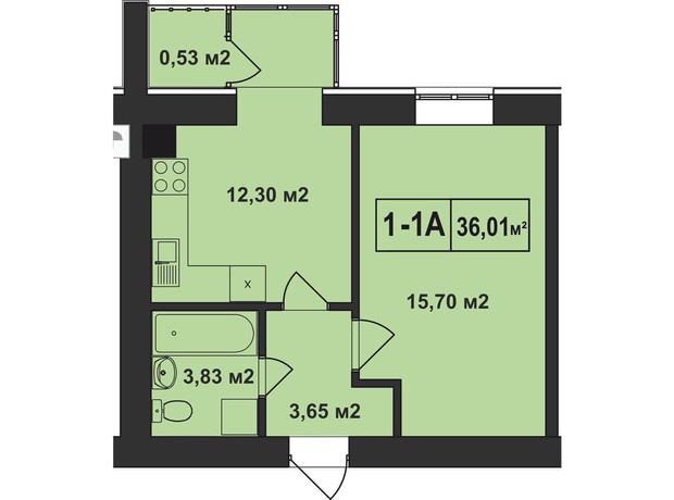 ЖК Покровський: планування 1-кімнатної квартири 36.01 м²