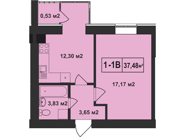 ЖК Покровський: планування 1-кімнатної квартири 37.48 м²