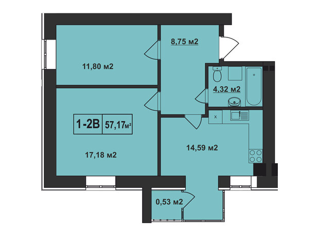 ЖК Покровский: планировка 2-комнатной квартиры 57.17 м²
