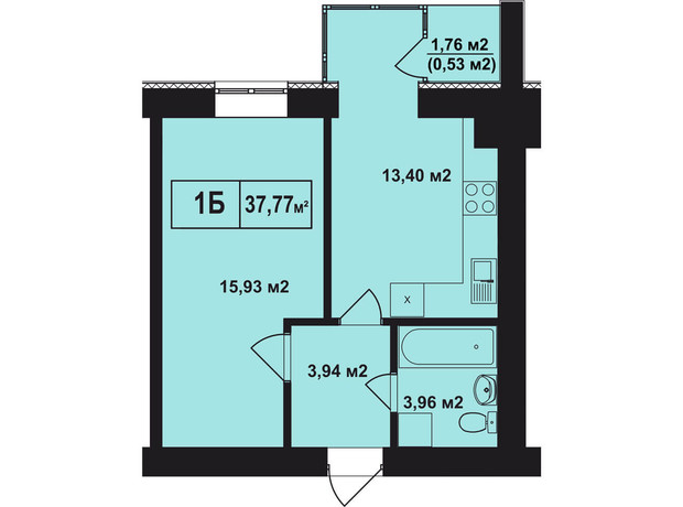 ЖК Покровський: планування 1-кімнатної квартири 37.77 м²