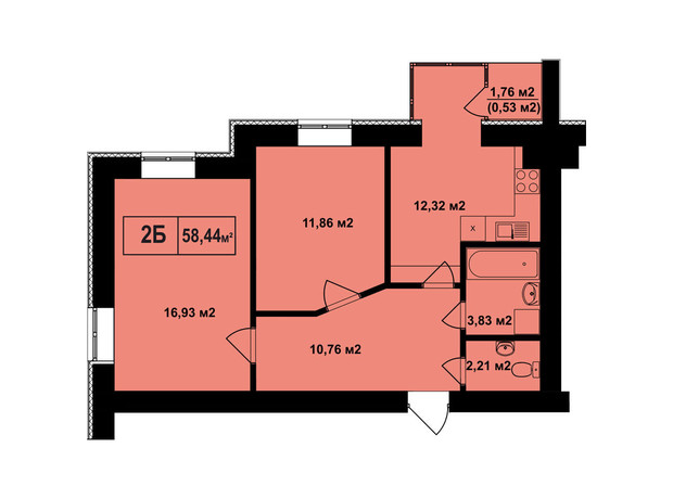 ЖК Покровский: планировка 2-комнатной квартиры 58.44 м²