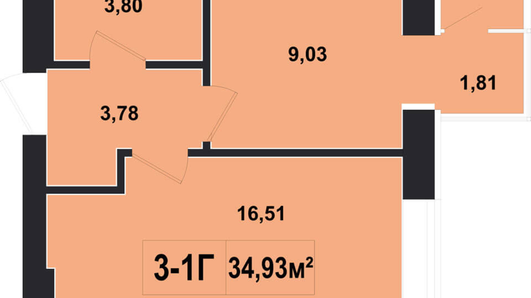 Планування 1-кімнатної квартири в ЖК Покровський 34.93 м², фото 133576