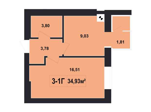 ЖК Покровський: планування 1-кімнатної квартири 34.93 м²