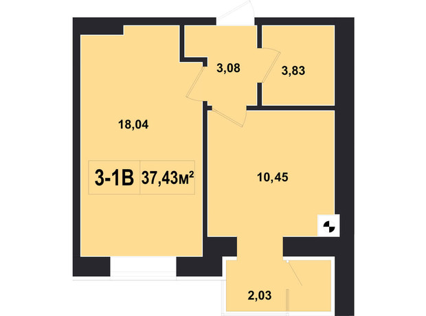 ЖК Покровський: планування 1-кімнатної квартири 37.43 м²