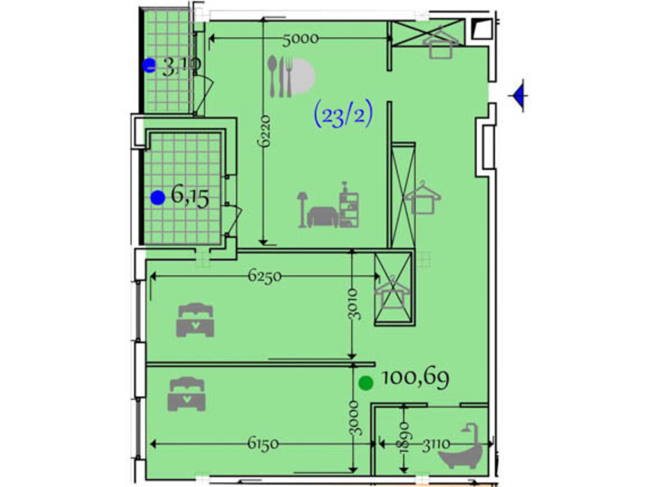 Планировка 2-комнатной квартиры в ЖК Сomfort City 100.69 м², фото 133645 Планировка 2-комнатной квартиры в ЖК Сomfort City 100.69 м², фото 133645