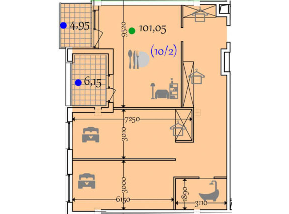 Планировка 2-комнатной квартиры в ЖК Сomfort City (Комфорт Сити) 101.05 м², фото 133647 Планировка 2-комнатной квартиры в ЖК Сomfort City (Комфорт Сити) 101.05 м², фото 133647