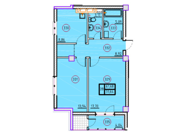 ЖК Дипломат: планування 2-кімнатної квартири 61.68 м²