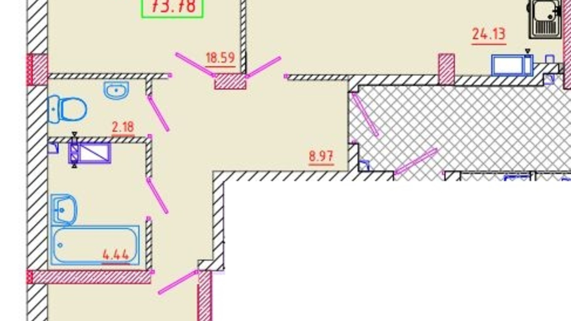 Планировка 2-комнатной квартиры в ЖК Цветной бульвар 73.78 м², фото 135271