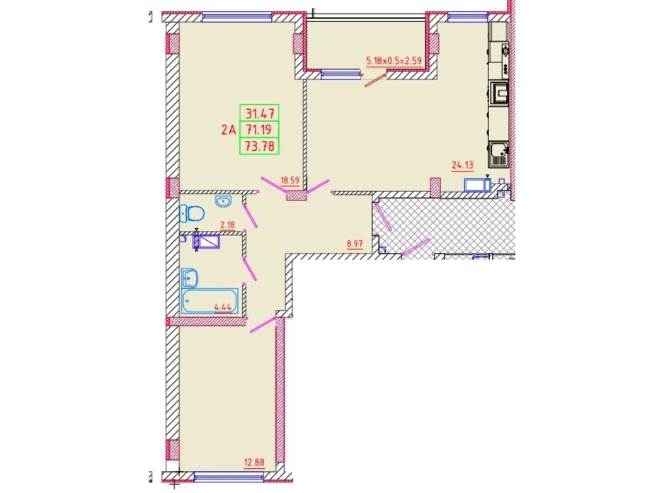 Планування 2-кімнатної квартири в ЖК Цветной бульвар 73.78 м², фото 135271 Планування 2-кімнатної квартири в ЖК Цветной бульвар 73.78 м², фото 135271