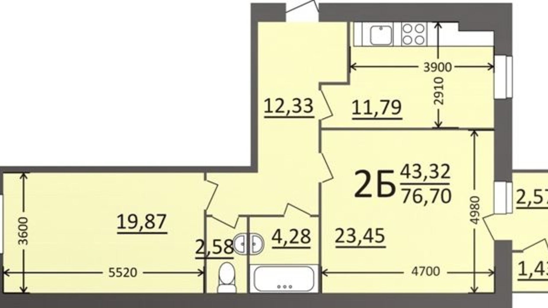Планировка 2-комнатной квартиры в ЖК Потемкинский 76.7 м², фото 135686