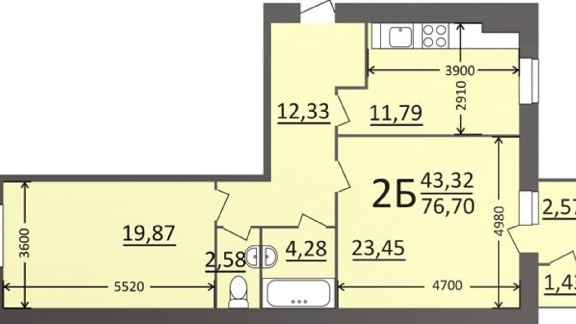 Планування 2-кімнатної квартири в ЖК Потьомкінський 76.7 м², фото 135686