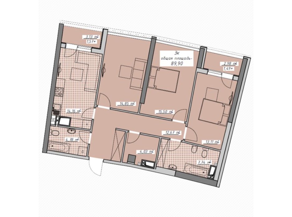 Планировка 3-комнатной квартиры в ЖК Атмосфера 89.9 м², фото 136031 Планировка 3-комнатной квартиры в ЖК Атмосфера 89.9 м², фото 136031