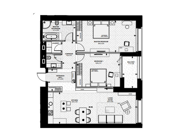 ЖК Linden Luxury Residences: планування 2-кімнатної квартири 109.93 м²