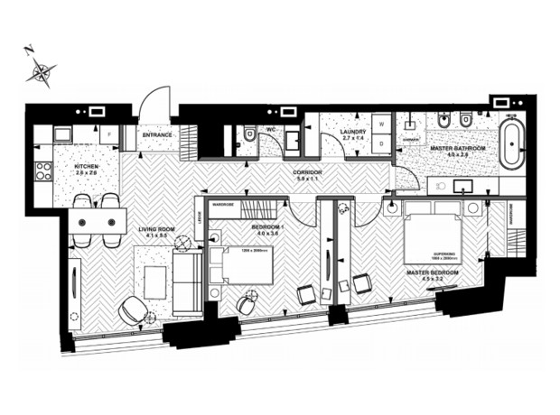 ЖК Linden Luxury Residences: планування 2-кімнатної квартири 84.4 м²