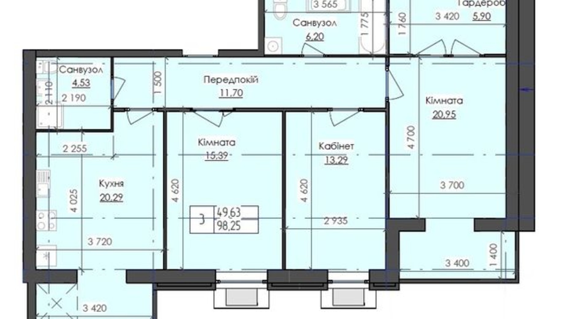 Планировка 3-комнатной квартиры в ЖК Престиж 98.25 м², фото 136851
