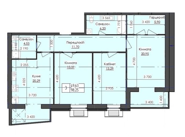 ЖК Престиж: планировка 3-комнатной квартиры 98.25 м²