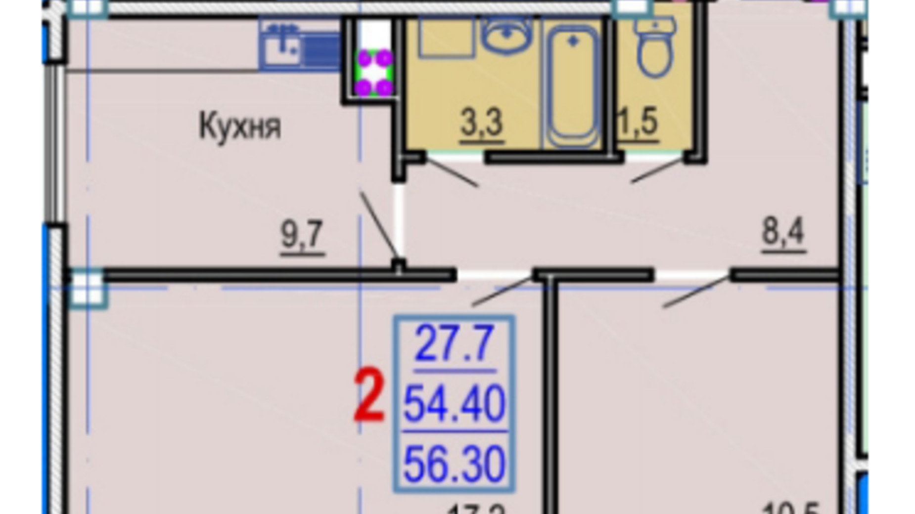 Планировка 2-комнатной квартиры в ЖК Gaudi Hall 54.4 м², фото 137962