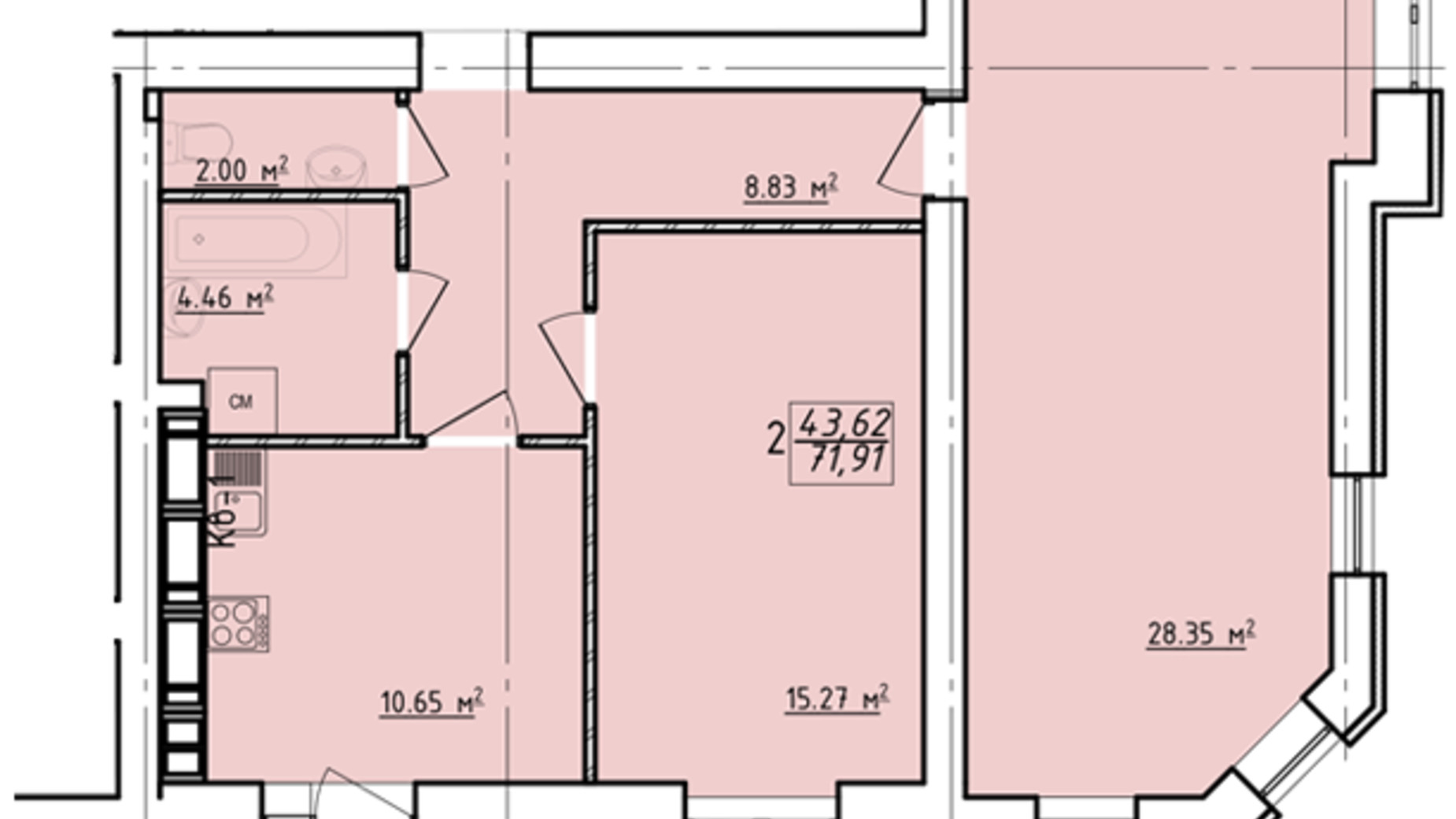 Планировка 2-комнатной квартиры в ЖК Левада 2 71.91 м², фото 138003