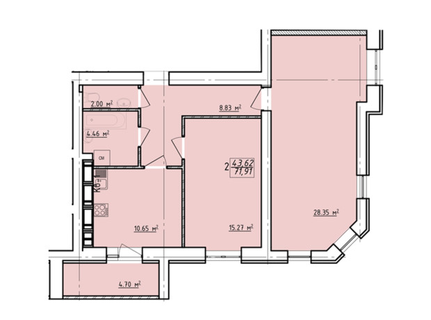 ЖК Левада 2: планування 2-кімнатної квартири 71.91 м²