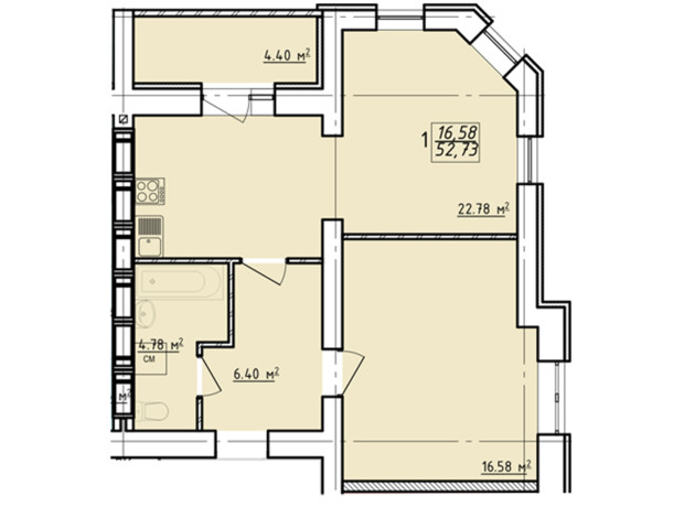 ЖК Левада 2: планировка 2-комнатной квартиры 52.73 м²
