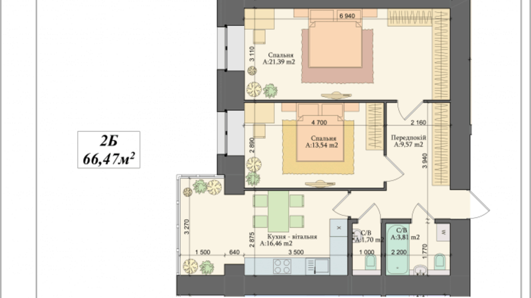 Планування 2-кімнатної квартири в ЖК Art Residence 66.47 м², фото 138148