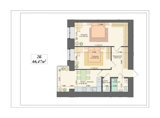 ЖК Art Residence: планування 2-кімнатної квартири 66.47 м²
