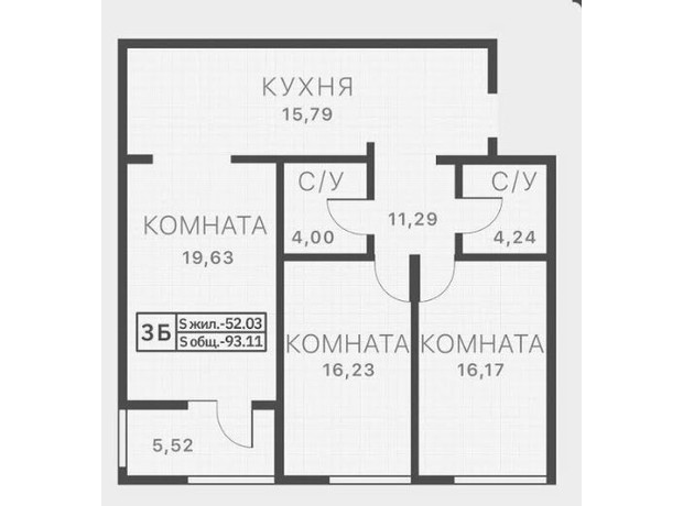 ЖК L7: планировка 3-комнатной квартиры 93.11 м²