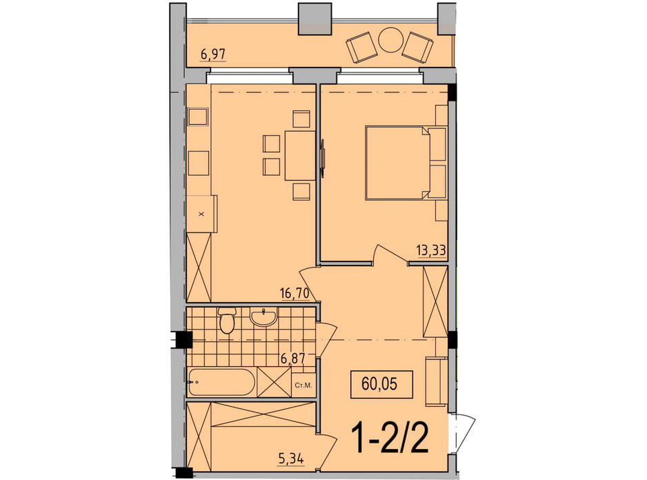 Планировка 1-комнатной квартиры в ЖК Сomfort City (Комфорт Сити) 60.05 м², фото 138785 Планировка 1-комнатной квартиры в ЖК Сomfort City (Комфорт Сити) 60.05 м², фото 138785