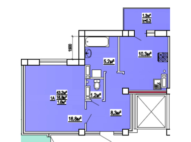 ЖК по вул. 3-й мікрорайон 8: планування 1-кімнатної квартири 43 м²