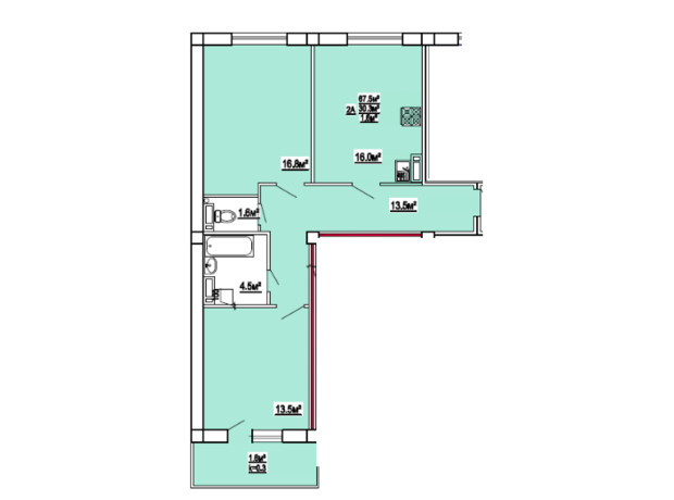 ЖК по ул. 3-й микрорайон 8: планировка 2-комнатной квартиры 67.5 м²