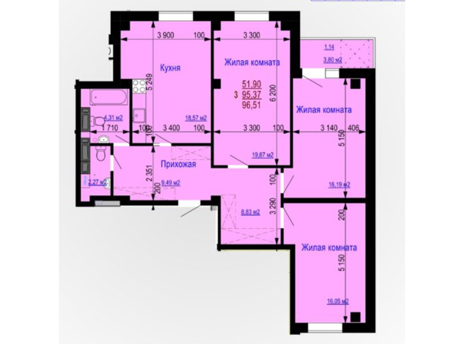 Планування 3-кімнатної квартири в ЖК Дім на Зерновій 97 м², фото 139774 Планування 3-кімнатної квартири в ЖК Дім на Зерновій 97 м², фото 139774