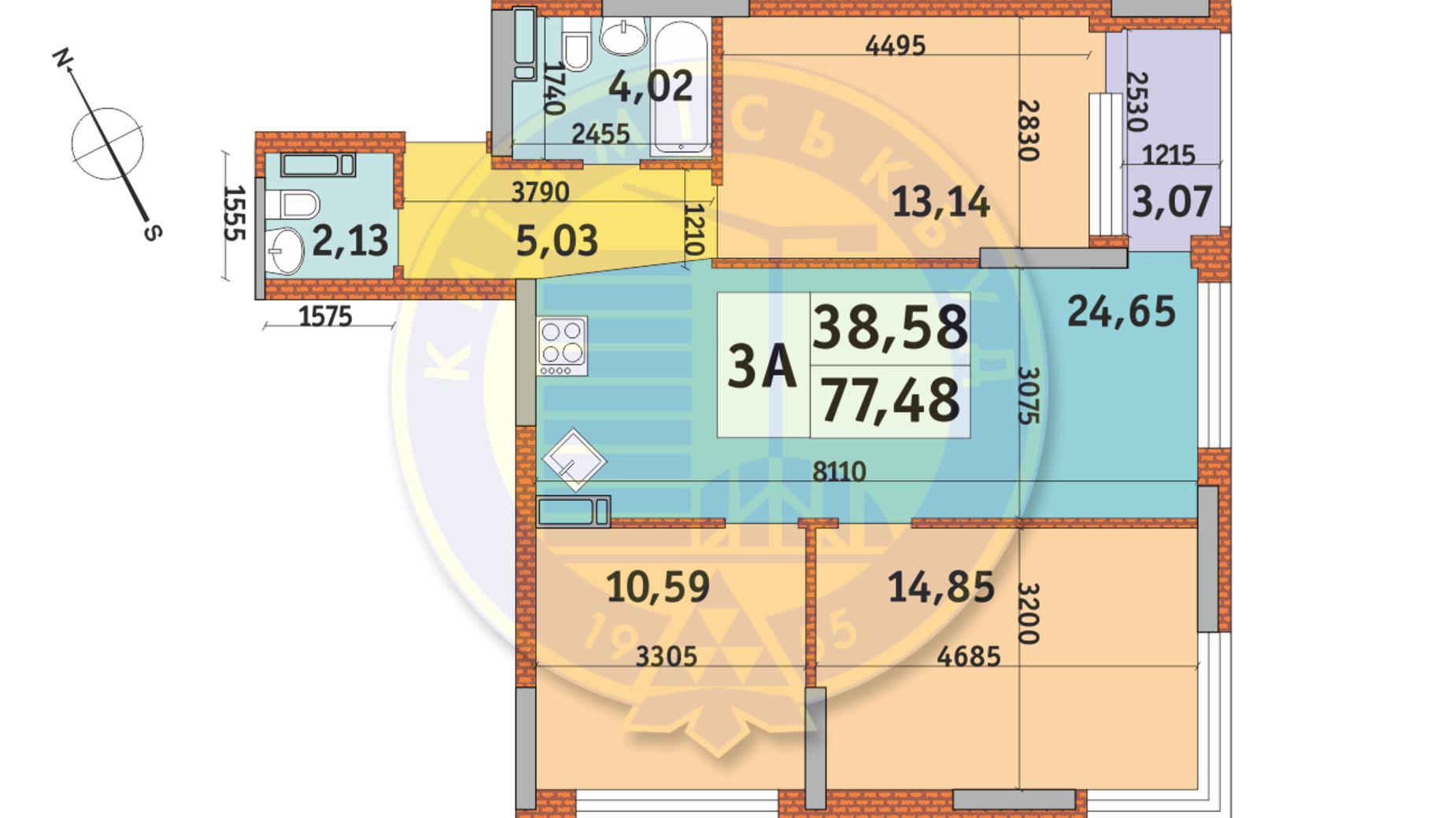 Планировка 3-комнатной квартиры в ЖК Урловский-1 77.48 м², фото 140176