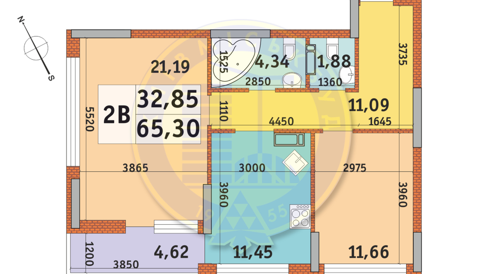 Планування 2-кімнатної квартири в ЖК Урлівський-1 65.3 м², фото 140177