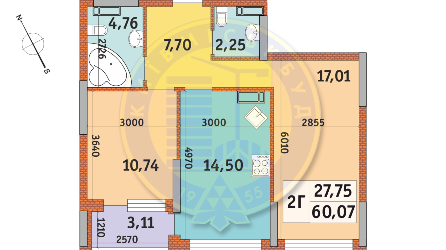 Планировка 2-комнатной квартиры в ЖК Урловский-1 60.07 м², фото 140180