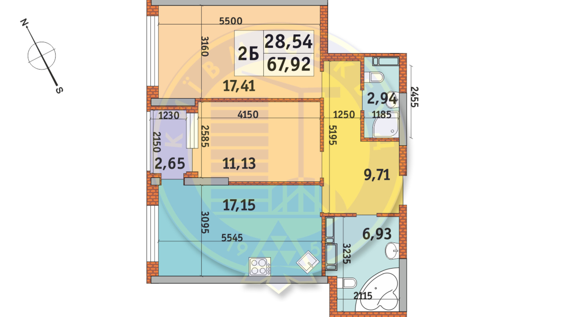 Планування 2-кімнатної квартири в ЖК Урлівський-1 67.92 м², фото 140183