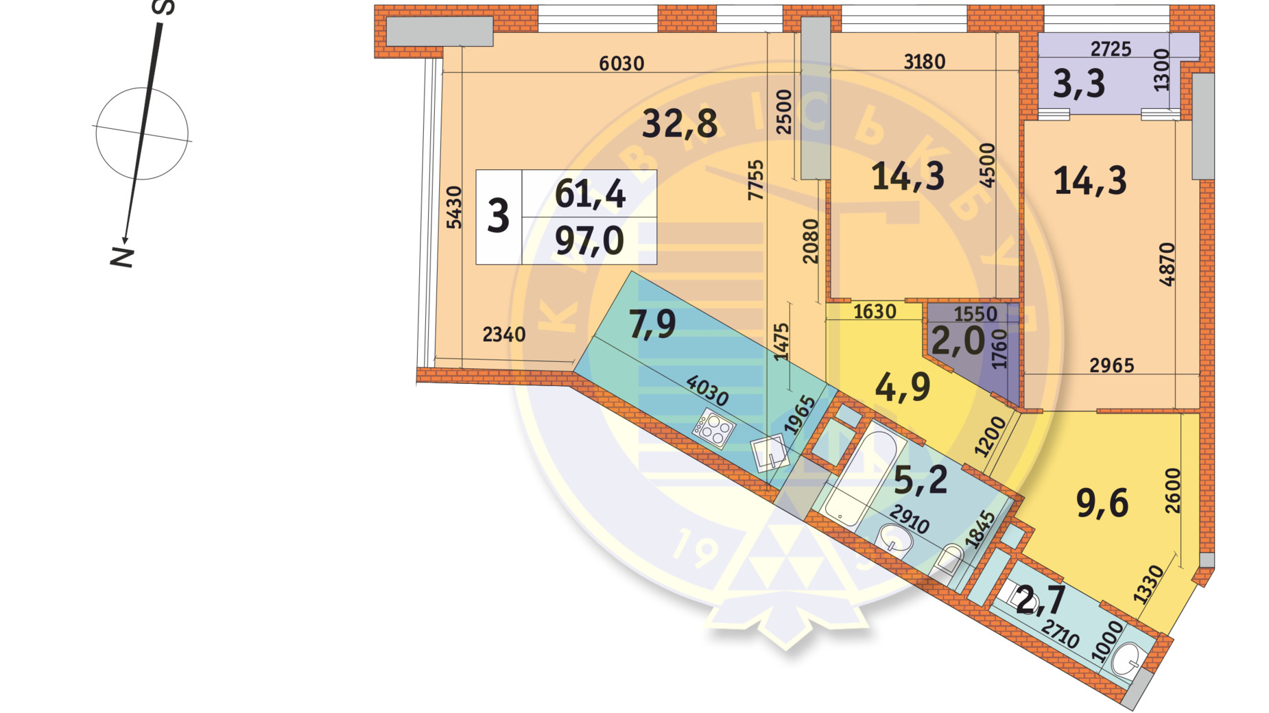 Планування 3-кімнатної квартири в ЖК Manhattan City 97 м², фото 140408