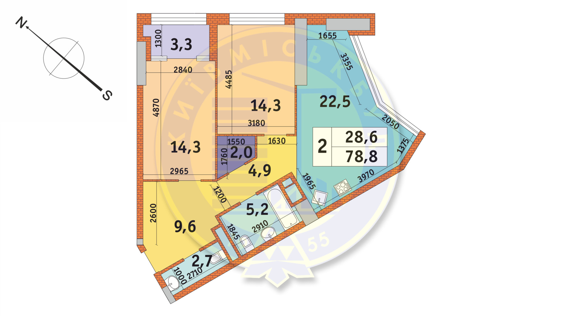 Планування 2-кімнатної квартири в ЖК Manhattan City 78.8 м², фото 140511