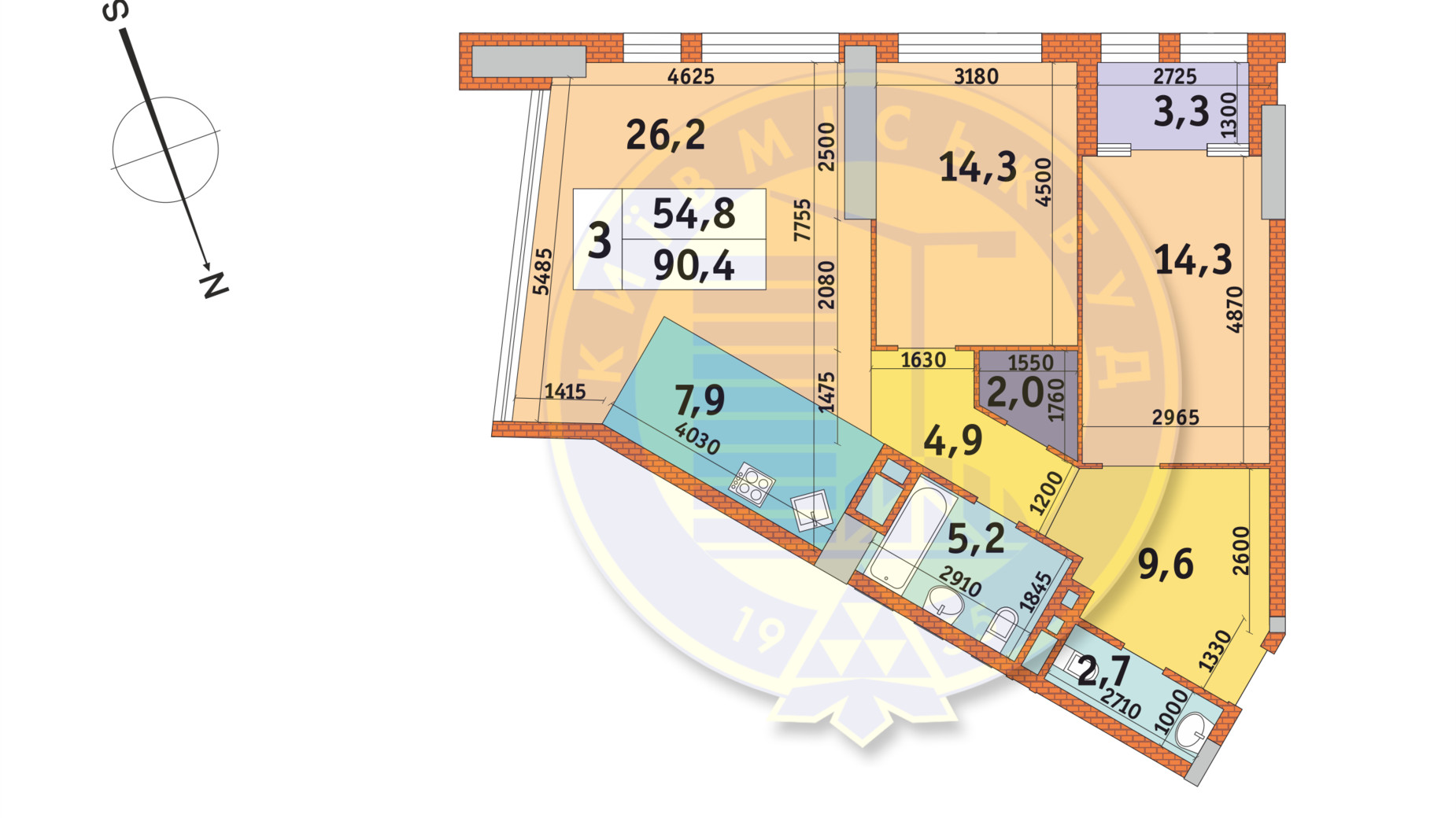 Планировка 3-комнатной квартиры в ЖК Manhattan City 90.4 м², фото 140566