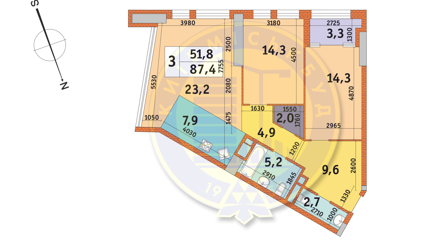 Планировка 3-комнатной квартиры в ЖК Manhattan City 87.4 м², фото 140568