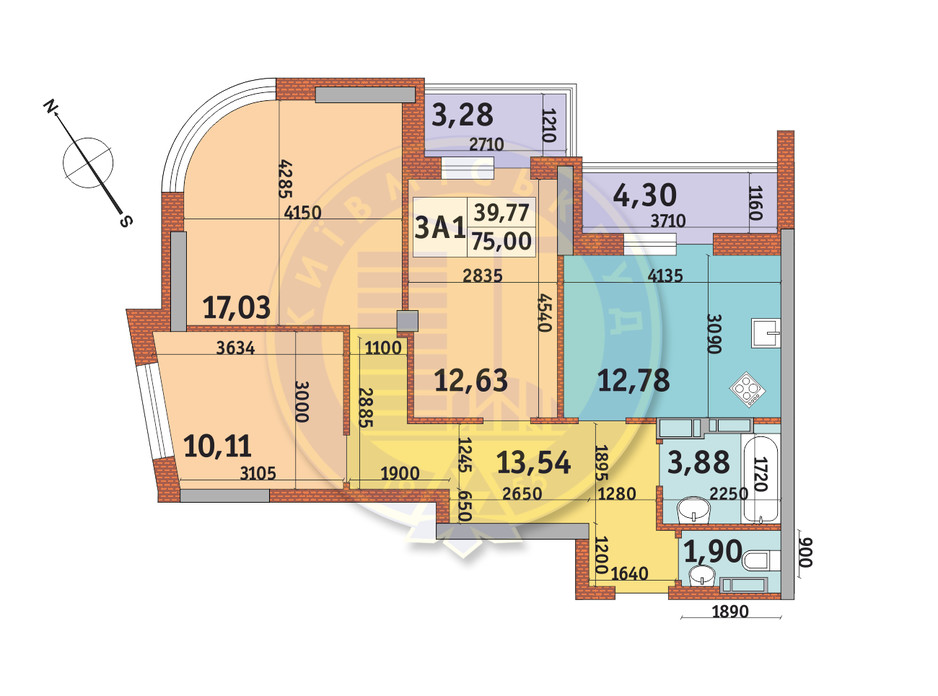Планування 3-кімнатної квартири в ЖК Медовий-2 75 м², фото 140574 Планування 3-кімнатної квартири в ЖК Медовий-2 75 м², фото 140574