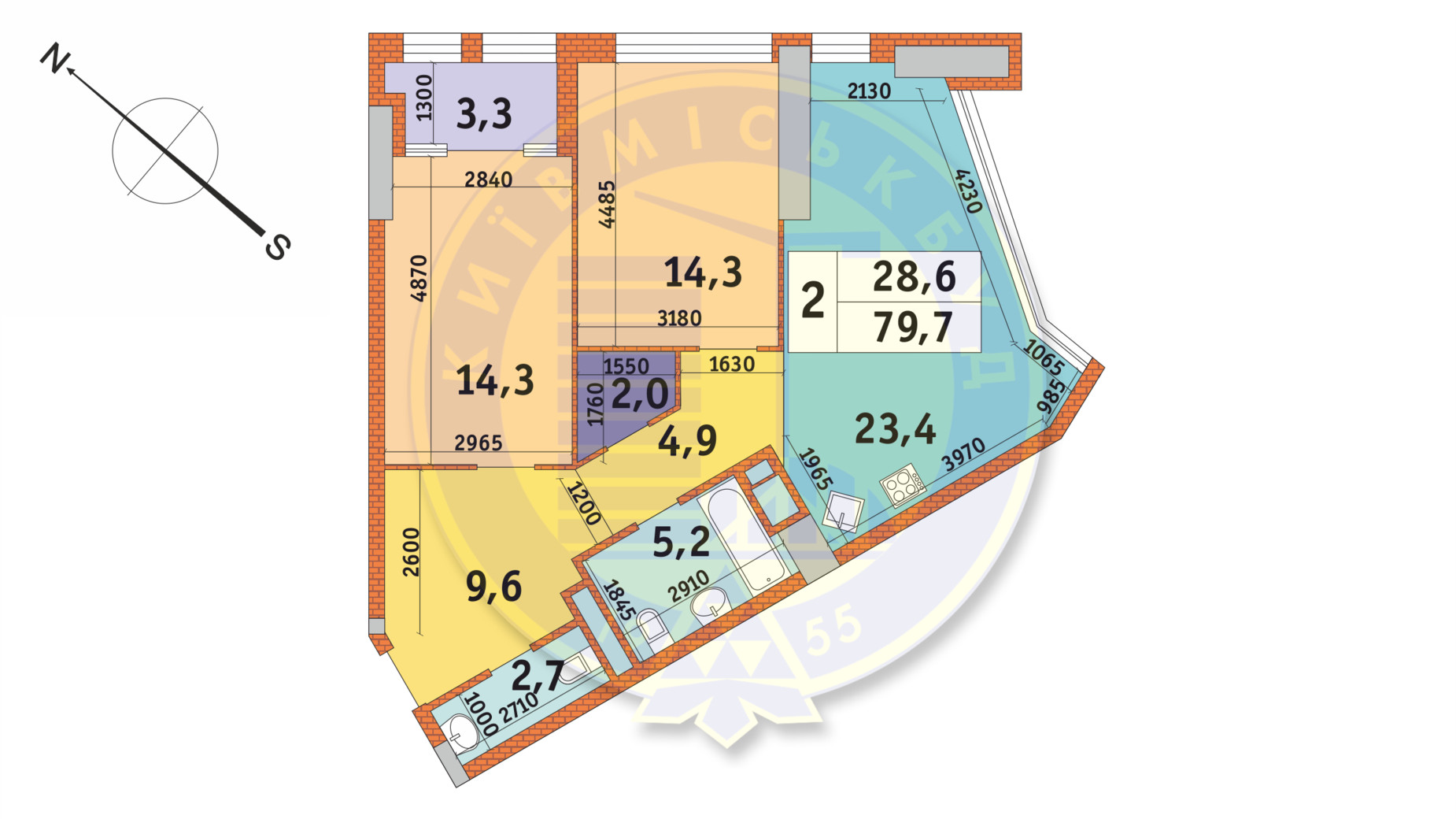 Планування 2-кімнатної квартири в ЖК Manhattan City 79.7 м², фото 140580