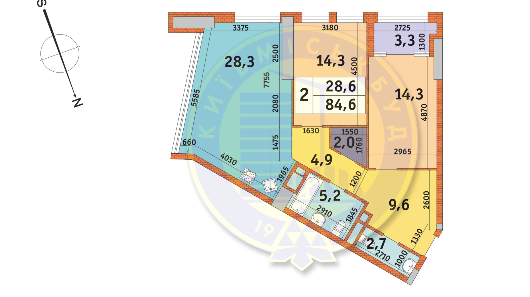 Планування 2-кімнатної квартири в ЖК Manhattan City 85.5 м², фото 140633