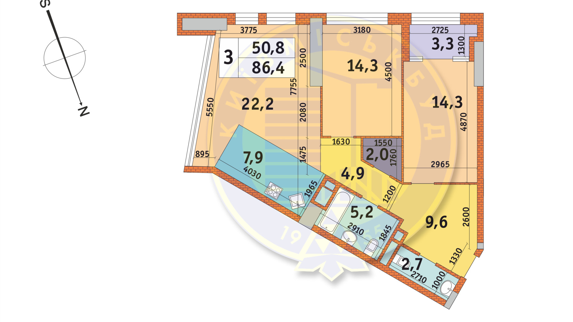 Планування 3-кімнатної квартири в ЖК Manhattan City 86.4 м², фото 140641