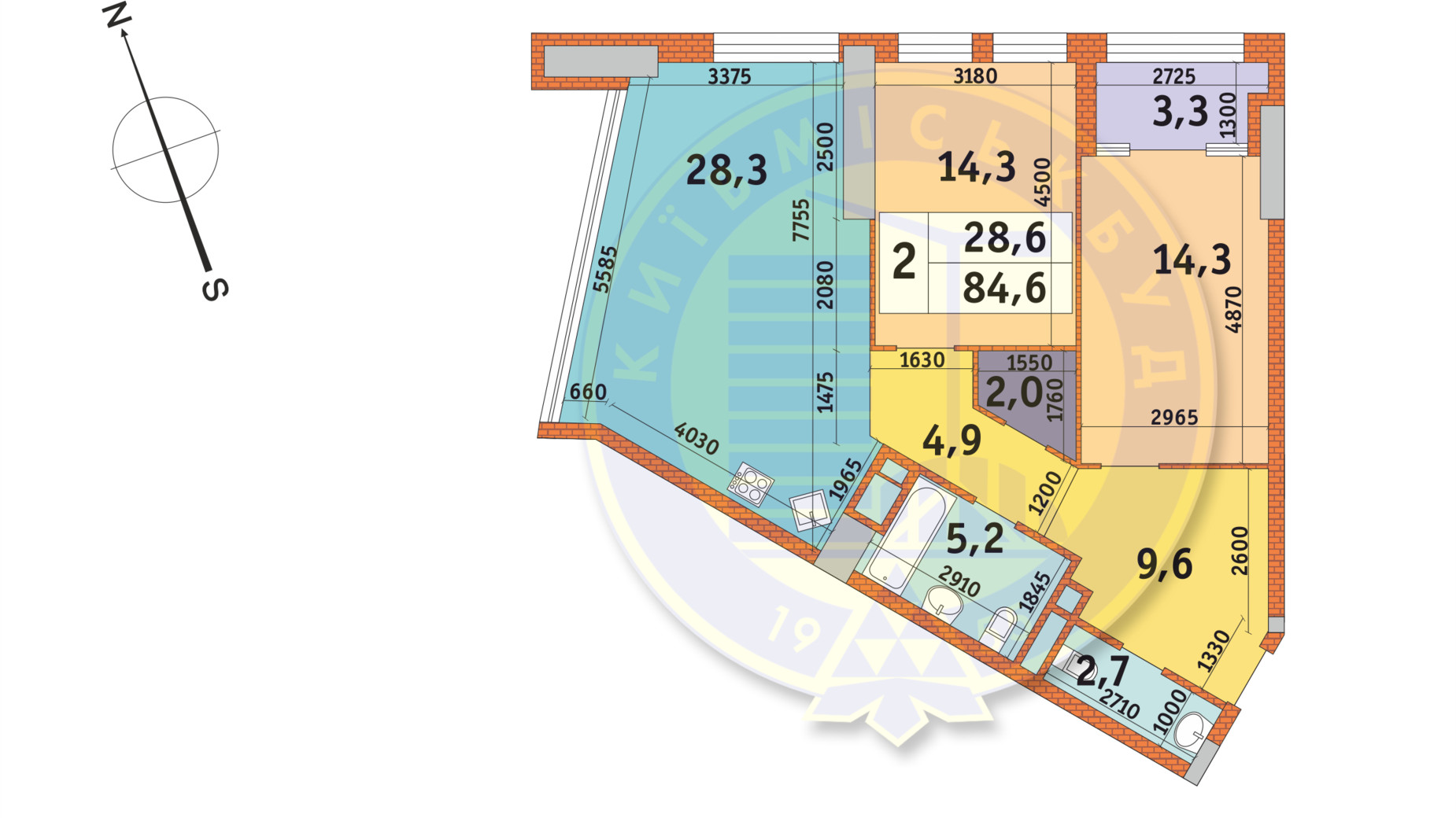 Планування 2-кімнатної квартири в ЖК Manhattan City 84.6 м², фото 140643