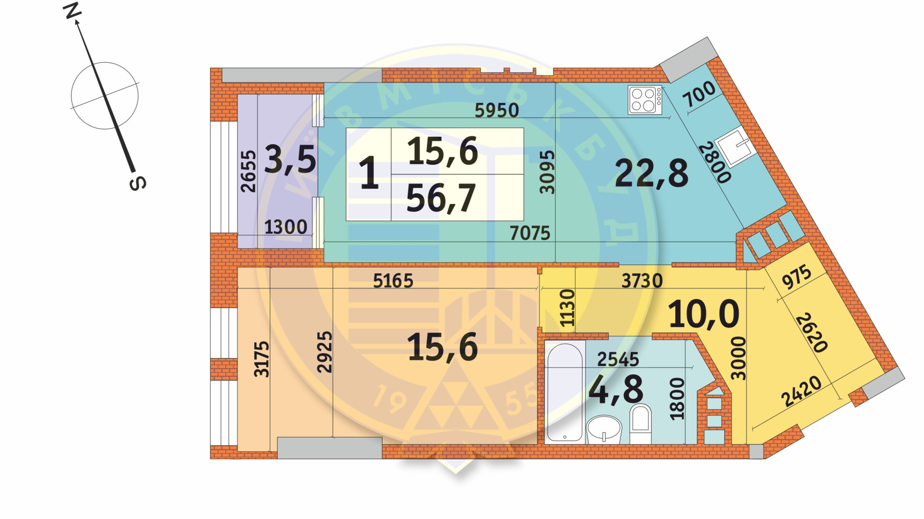 Планировка 1-комнатной квартиры в ЖК Manhattan City 56.7 м², фото 140795