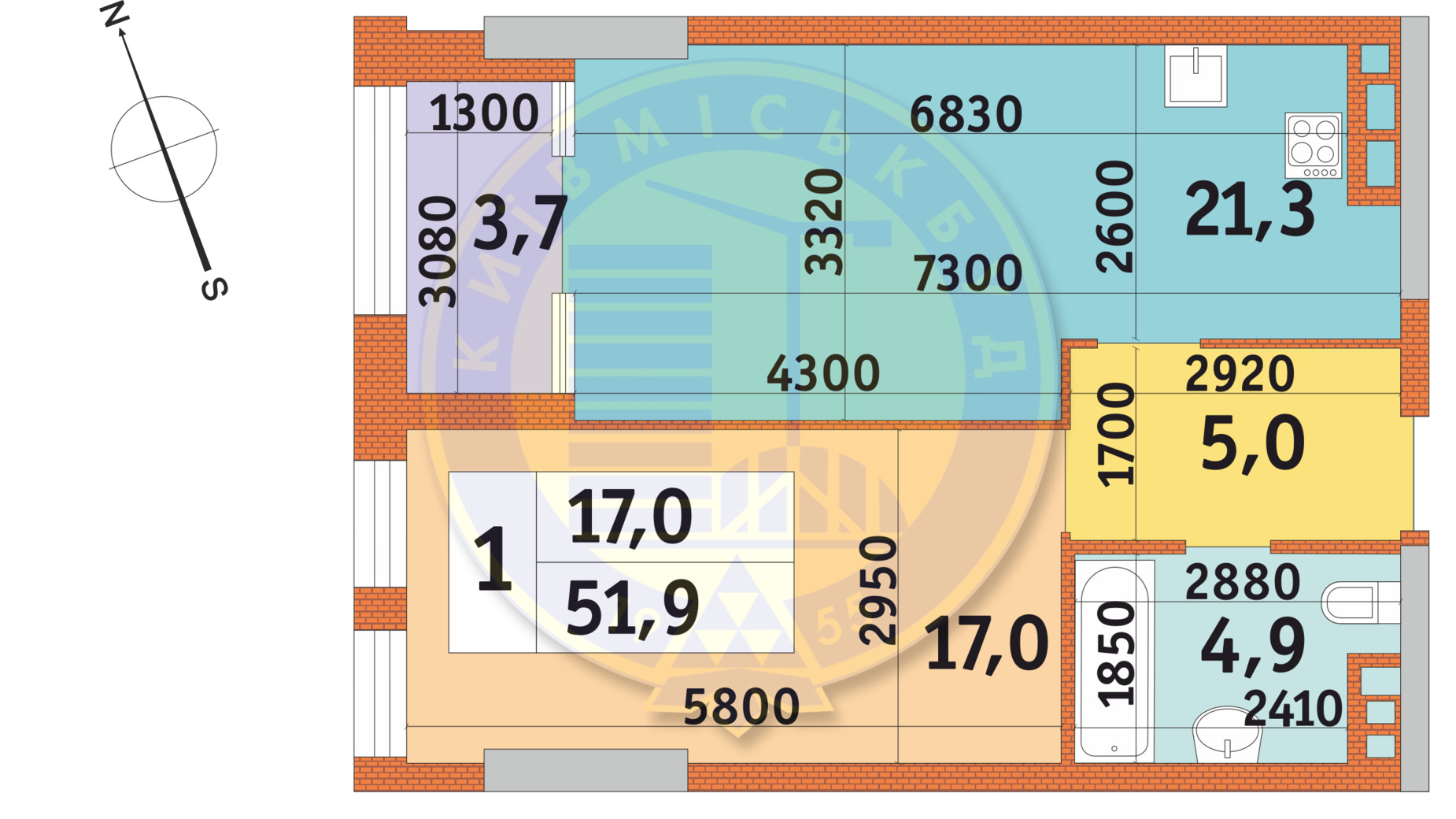 Планировка 1-комнатной квартиры в ЖК Manhattan City 51.9 м², фото 140806