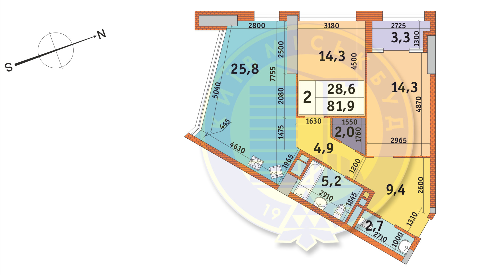 Планування 2-кімнатної квартири в ЖК Manhattan City 81.9 м², фото 140808