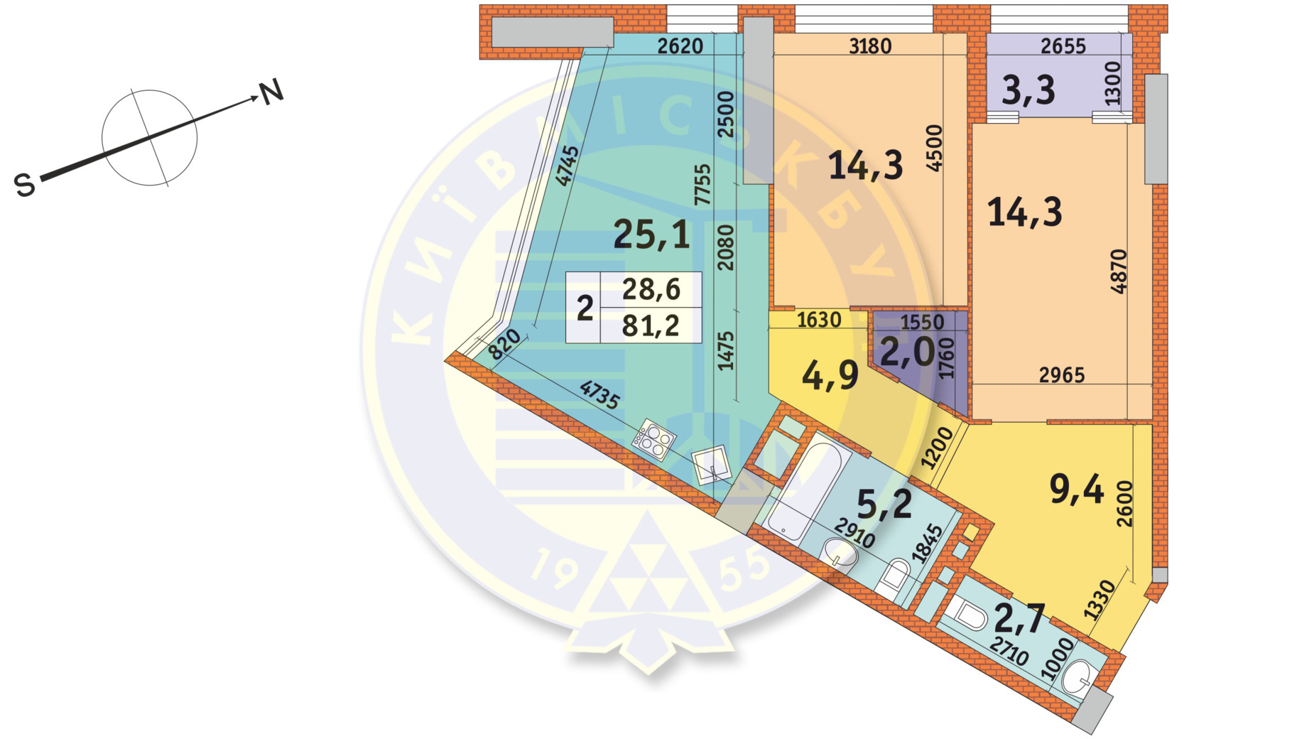 Планировка 2-комнатной квартиры в ЖК Manhattan City 81.2 м², фото 140873