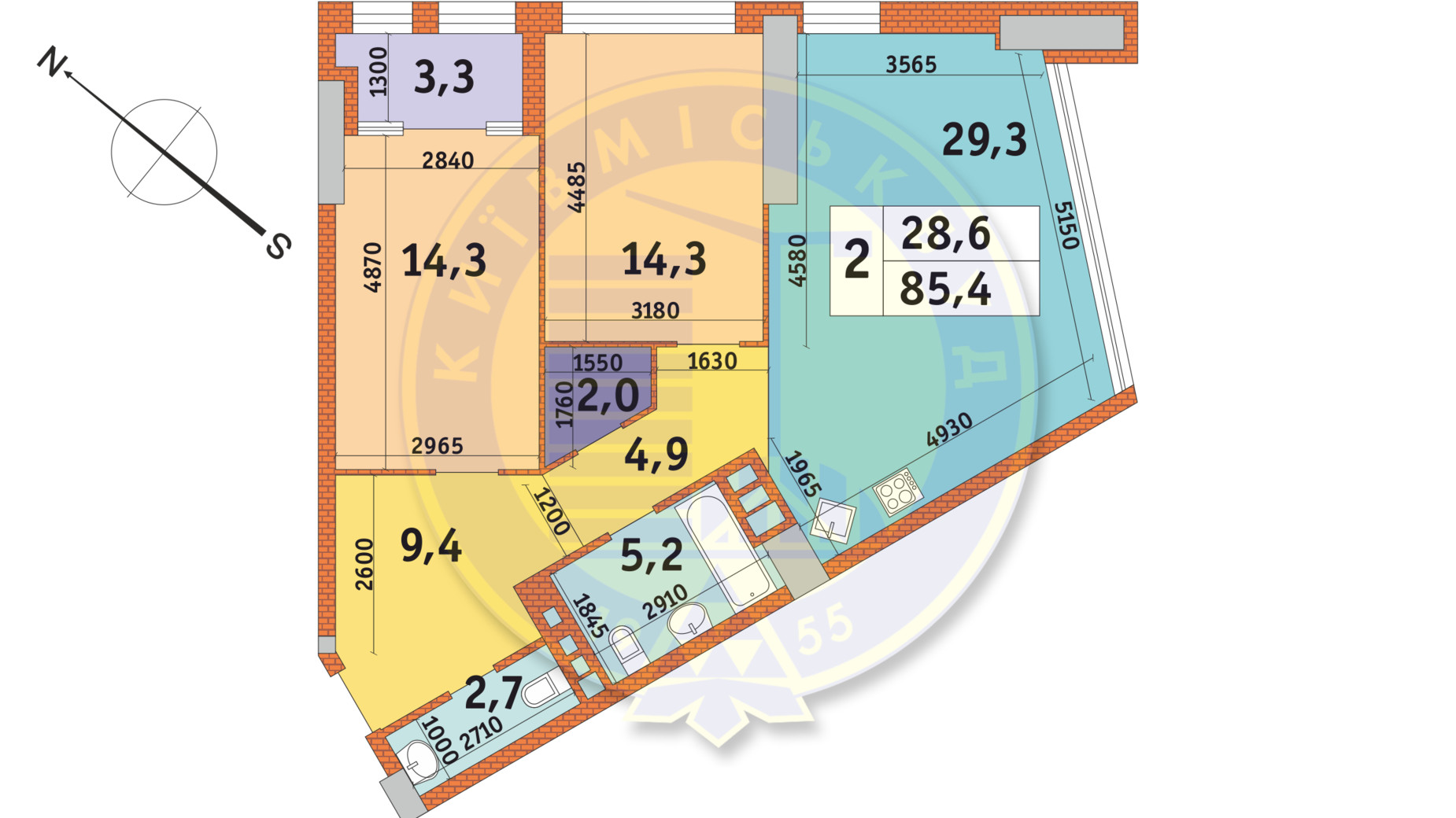 Планування 2-кімнатної квартири в ЖК Manhattan City 85.4 м², фото 140875